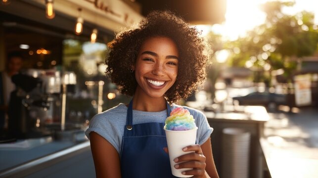 Selective focus photography of a smiling woman, holding a white paper cup with a rainbow colored shaved ice, morning light bokeh blurred background.