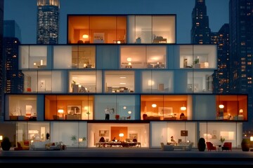 Construcción de oficina moderna iluminada al caer la noche en una ciudad vibrante