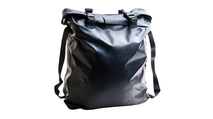 Naklejka premium Stylish black roll-top backpack designed for urban use, featuring durable material and adjustable straps, ideal for travel and daily activities.