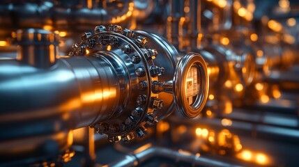 Detailed shot of a metallic refinery valve, glowing under industrial lights, with pressurized fuel flowing through interconnected pipes and machinery.