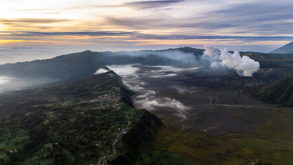From a drone view at sunrise. Outdoor photo of view of mount Bromo, East Java, Bromo Tengger Semeru National Park, Indonesia.