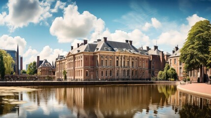 Fototapeta premium Historical Mauritshuis Building in The Hague, Holland. Panoramic View with Grenadierspoort to Binnenhof. A Place of Urban Culture