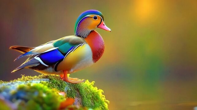 Tranquil nature scene colorful mandarin duck on a mossy rock in wildlife beauty - Powered by Adobe