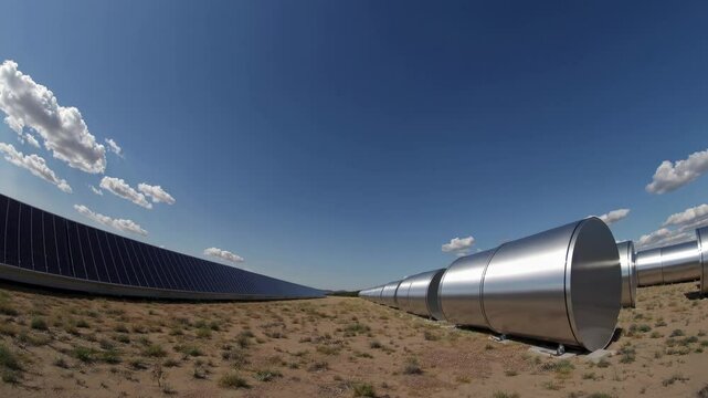 Metallic hyperloop tubes and solar panels stretching across arid desert landscape, representing futuristic transportation technology under cloudy sky with expansive horizon