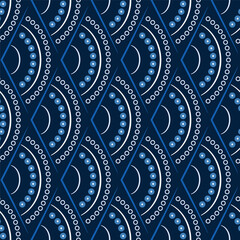 Art Deco dark blue arches seamless pattern. Monochrome wavy ornament. Scales ethnic design. Mosaic tiles background. Semicircular and dots elements