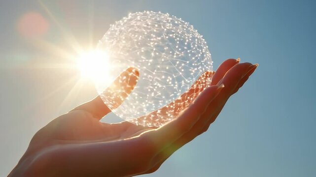 Sunlit Connections:  A hand delicately holds a sphere of interconnected points, symbolizing global network, digital connections, communication, innovation,  and the potential of the future.