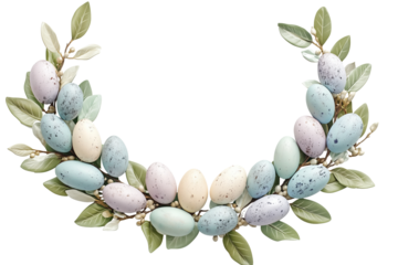 A wreath of eggs with a green leaf on transparent background