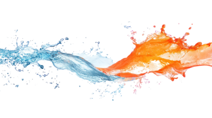 Vibrant splashes of water and orange liquid contrasting against a black background, ideal for beverage promotions and dynamic visual presentations.