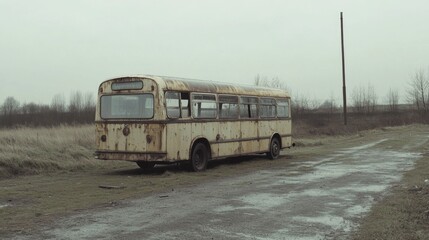 Rusty old bus abandoned in a desolate field.