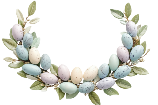 A wreath of eggs with a green leaf on transparent background
