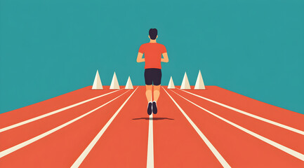 Obraz premium A runner races down a track lined with cones, symbolizing determination and athleticism in a vibrant, minimalist design.