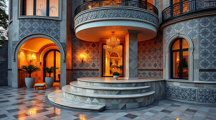 Luxury Mansion Exterior at Night: Grand Entrance, Stone Architecture, Elegant Design