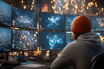 Hacker trabajando rodeado de monitores en un entorno de alta tecnología durante la noche