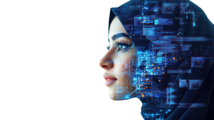 A profile view of a woman in a hijab, merged with digital graphics and data visuals, representing the intersection of culture and technology.