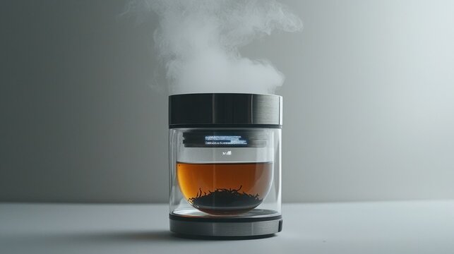 Smart tea maker brewing tea with steam.