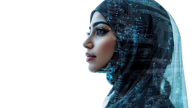 Profile of a woman wearing a hijab, with a digital overlay representing technology and innovation, on a dark background.