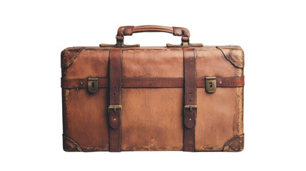Vintage leather suitcase with rugged texture and sturdy handle, perfect for travel-themed designs and nostalgic concepts.