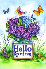 Hello Spring Hydrangea Mason Jar: A charming watercolor illustration featuring a mason jar filled with vibrant purple and blue hydrangeas.