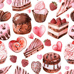 Seamless Delightful watercolor pattern of desserts, hearts, and berries