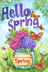 Hello Spring Floral Arrangement: Vibrant hydrangeas in a mason jar, surrounded by fluttering monarch butterflies, announce the arrival of spring with a cheerful, whimsical charm.