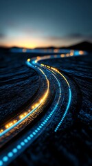 Entrepreneurial journey, glowing roadmap and progress symbols, 3D illustration