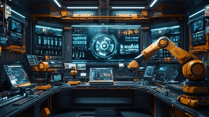 Fototapeta premium Smart robotic arms in a digital factory, showcasing Industry 4.0 automation and IoT software controlling the manufacturing process for efficient production.