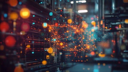Obraz premium A close shot of a laptop screen showing a secure network map filled with colorful connection lines and lock icons while reflecting machinery details from the factory in the nearby background.