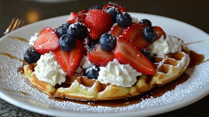 waffles with cream and strawberries