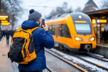 Persona utilizando el teléfono mientras espera en una estación de tren abarrotada en un día nublado