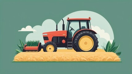 Obraz premium A red tractor is driving through a field of grass