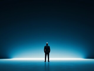 Inspirational business leader, standing in glowing spotlight, futuristic design, 3D illustration
