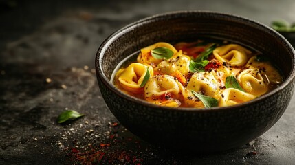 Close up of tortellini soup on black bowl