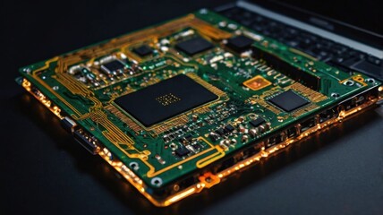 A computer chip is lit up and has a green casing