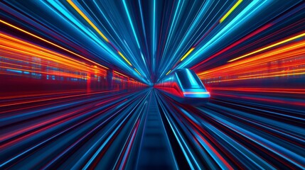 Dynamic High-Speed Train Moving Through a Futuristic Landscape with Vivid Lighting and Motion Blur Effects in a Captivating Urban Setting