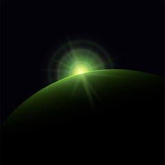 Obraz premium View from space, green star rises above the planet, the sun rising over the earth, rays and glare over the earth , space background, illustration