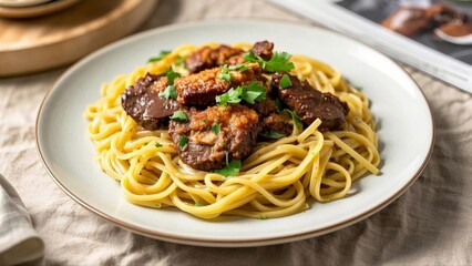 pasta linguine with fried chicken liver, top view