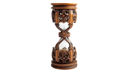 Ornate hourglass with intricate carvings showcasing the beauty of time measurement against a white isolated background.