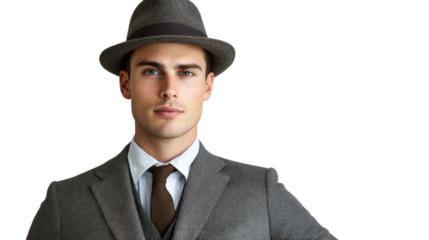 Professional man in a stylish suit and hat, standing confidently against a white isolated background. Perfect for business and fashion themes.