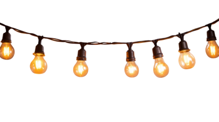 A string of vintage-style light bulbs glowing warmly, creating a cozy and inviting atmosphere. Ideal for outdoor dining or festive occasions.