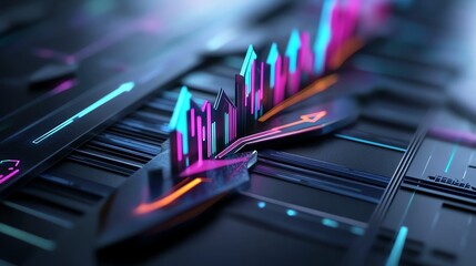 Strategic executive teamwork, glowing arrows and collaborative charts, 3D illustration