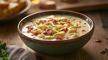 Tasty tortellini soup on a bowl