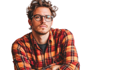 A stylish young man with glasses, wearing a plaid shirt, posing confidently with crossed arms against a white isolated background.