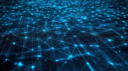 Obraz premium Abstract representation of interconnected blue lines and dots on a dark background, symbolizing digital networks