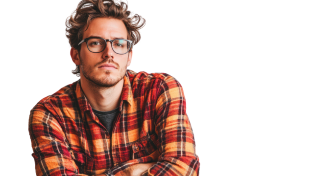 A stylish young man with glasses, wearing a plaid shirt, posing confidently with crossed arms against a white isolated background. - Powered by Adobe