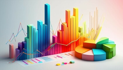 colorful 3d charts and graphs illustrating financial trends with pie charts bars and line graphs in vibrant hues on a white background
