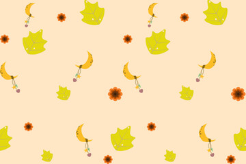 Beautiful autumn flowers character watercolor hand drawing on beige background seamless pattern. Perfect desi for decoration, fabric, wallpaper, background, textile, embroidery, ornament, printing