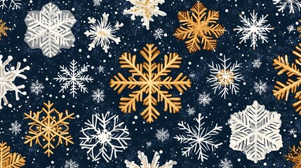 Seamless pattern of gold and white snowflakes on a dark blue background.