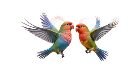 Fototapeta premium A pair of colorful lovebirds flying towards each other, their wings forming a heart as they meet in mid-air, against a soft sunset background, on a white transparent background PNG