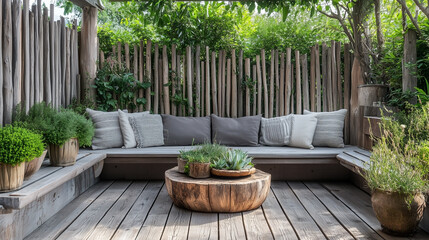 A patio with a wooden fence and a bench