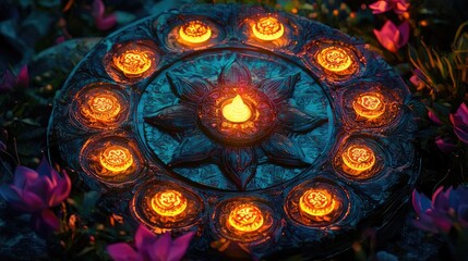 Vibrant cosmic mandala with glowing symbols and intricate patterns. Radiating energy, circular geometry, mystical design, spiritual representation, vivid colors, abstract art. Generative AI.